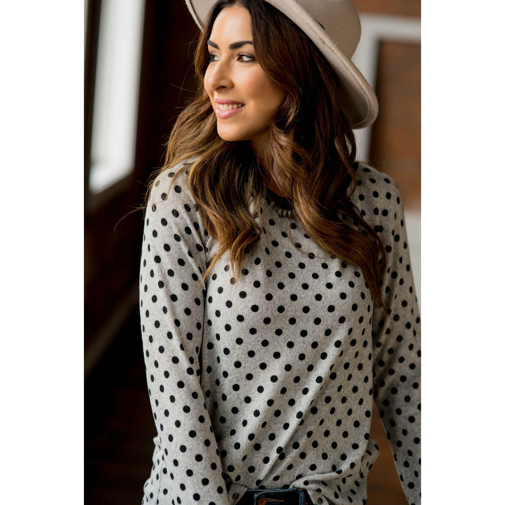 Solid Trimmed Long Sleeve Polka Dot Tee - Betsey's Boutique Shop - Shirts & Tops