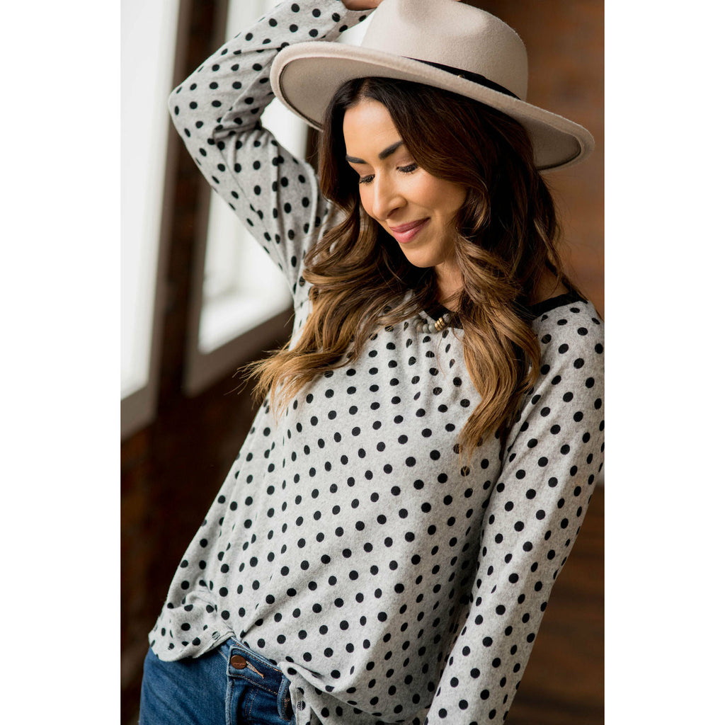 Solid Trimmed Long Sleeve Polka Dot Tee - Betsey's Boutique Shop - Shirts & Tops