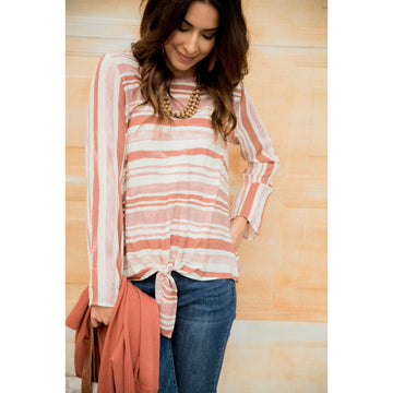 Mixed Stripe Front Knot Long Sleeve Tee - Betsey's Boutique Shop