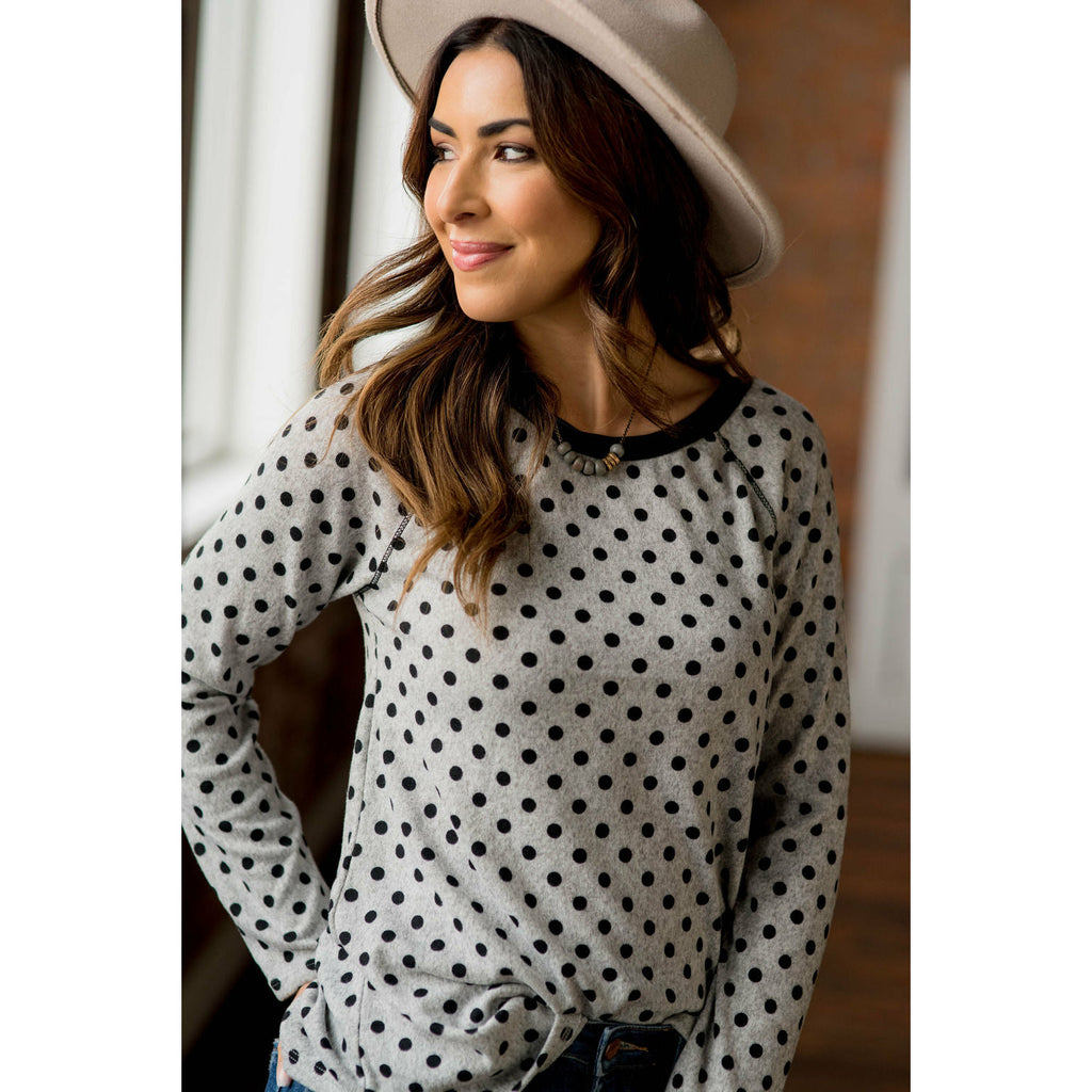 Solid Trimmed Long Sleeve Polka Dot Tee - Betsey's Boutique Shop - Shirts & Tops