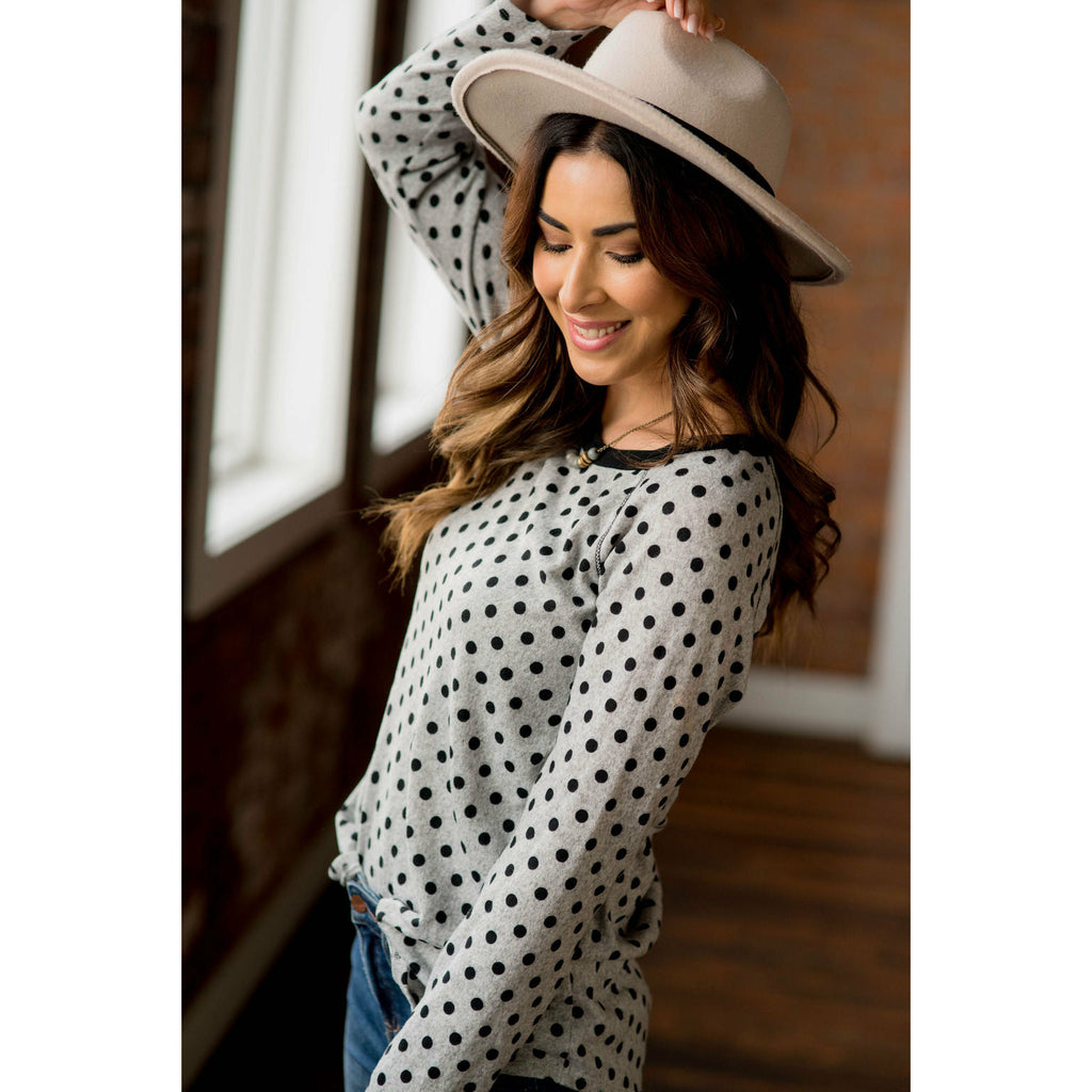 Solid Trimmed Long Sleeve Polka Dot Tee - Betsey's Boutique Shop - Shirts & Tops