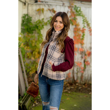 Zipper Plaid Puffer Vest - Betsey's Boutique Shop