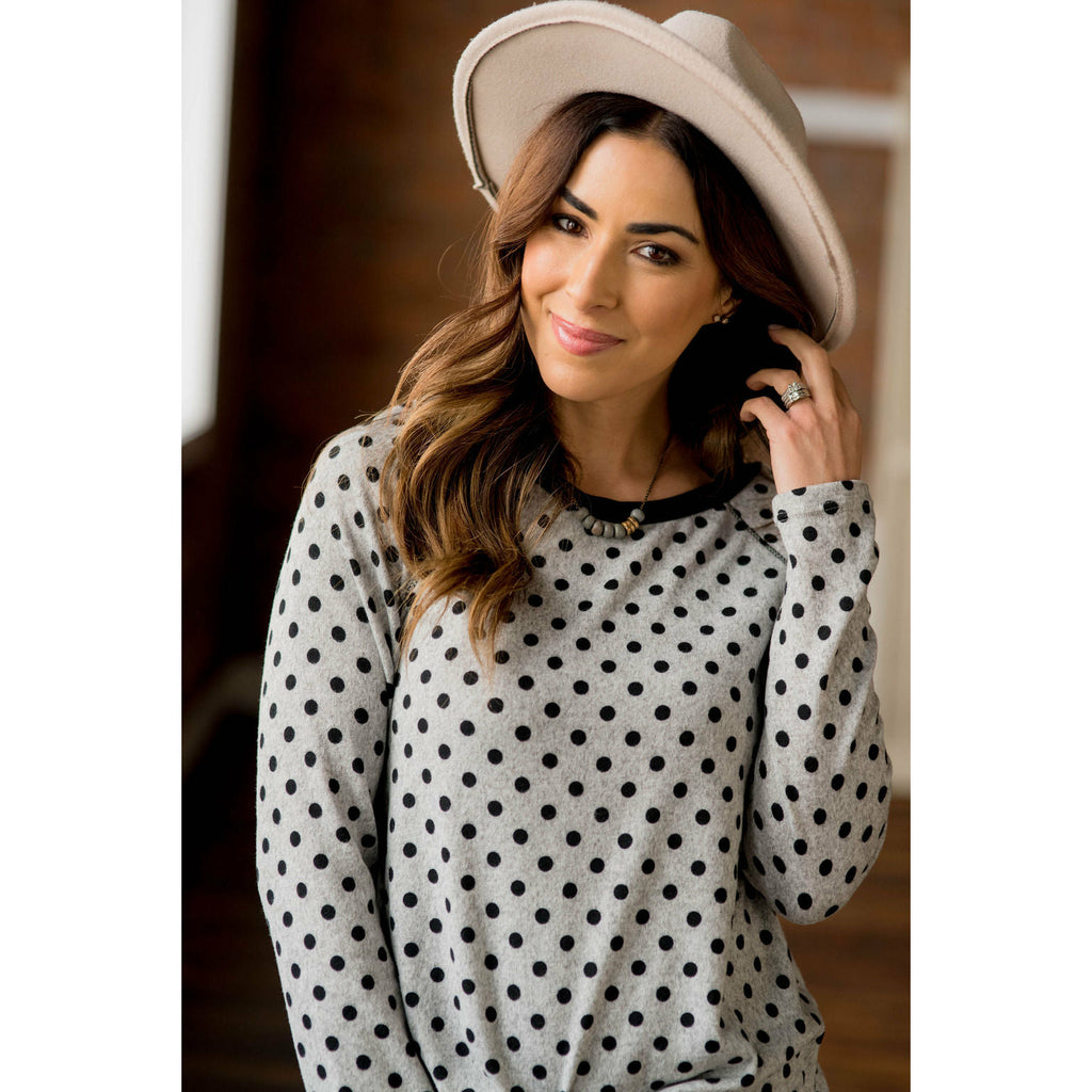 Solid Trimmed Long Sleeve Polka Dot Tee - Betsey's Boutique Shop - Shirts & Tops