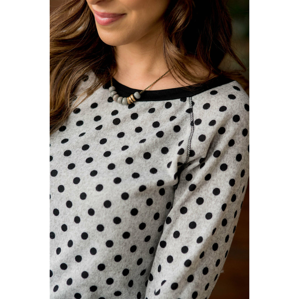 Solid Trimmed Long Sleeve Polka Dot Tee - Betsey's Boutique Shop - Shirts & Tops