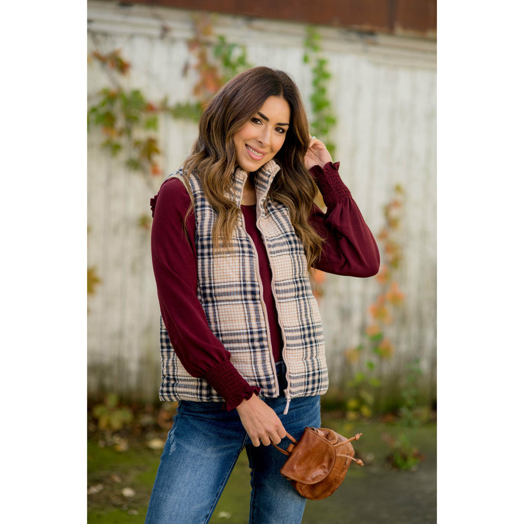 Zipper Plaid Puffer Vest - Betsey's Boutique Shop