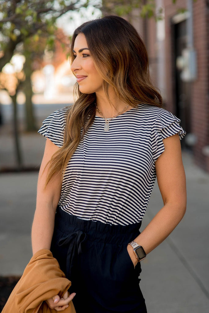 Striped Double Flutter Sleeve Tee - Betsey's Boutique Shop -