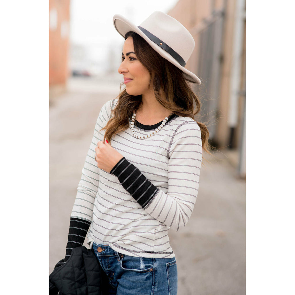 Stylish Striped Thermal Cuffed Tee - Betsey's Boutique Shop