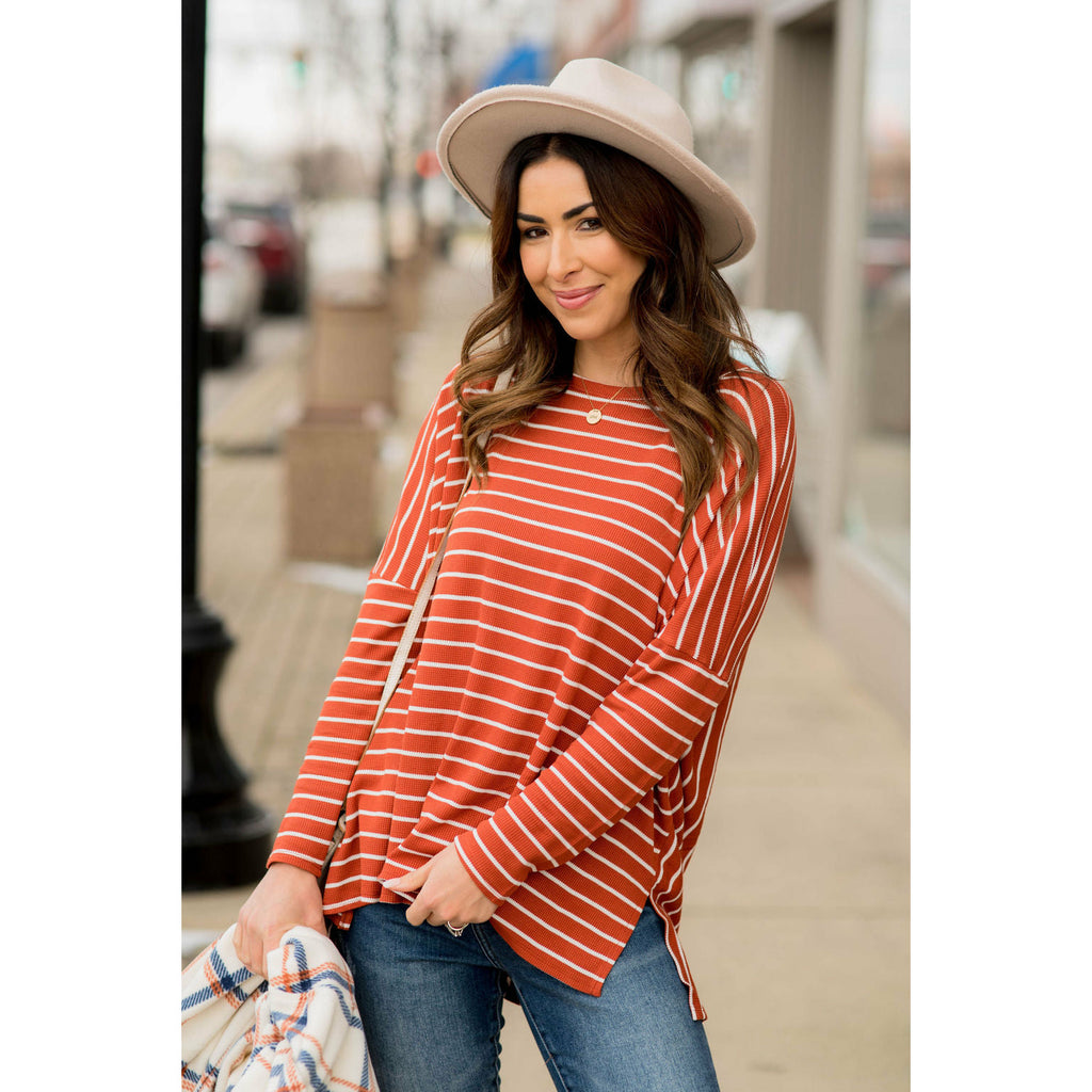 Striped Side Slit Long Tee - Betsey's Boutique Shop - Shirts & Tops