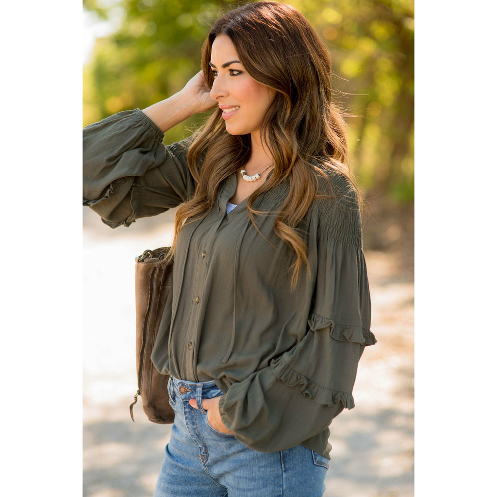 Cinched Top Ruffle Button Up - Betsey's Boutique Shop - Shirts & Tops