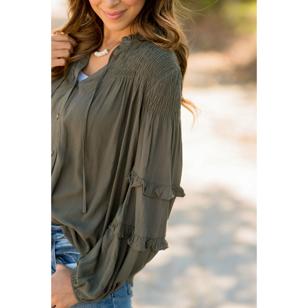 Cinched Top Ruffle Button Up - Betsey's Boutique Shop - Shirts & Tops