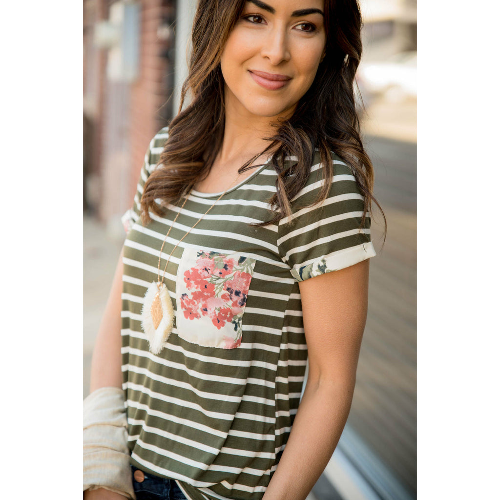 Striped Floral Pocket Short Sleeve Tee - Betsey's Boutique Shop