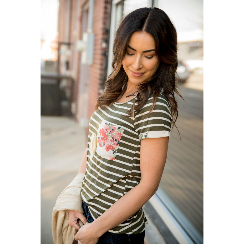 Striped Floral Pocket Short Sleeve Tee - Betsey's Boutique Shop