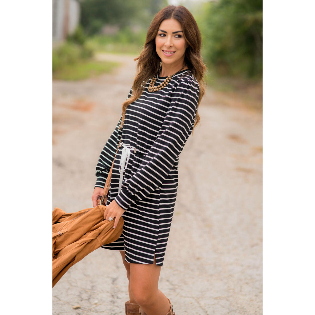 Stripe Tie Waist Pocket Sweatshirt Dress - Betsey's Boutique Shop - Dresses