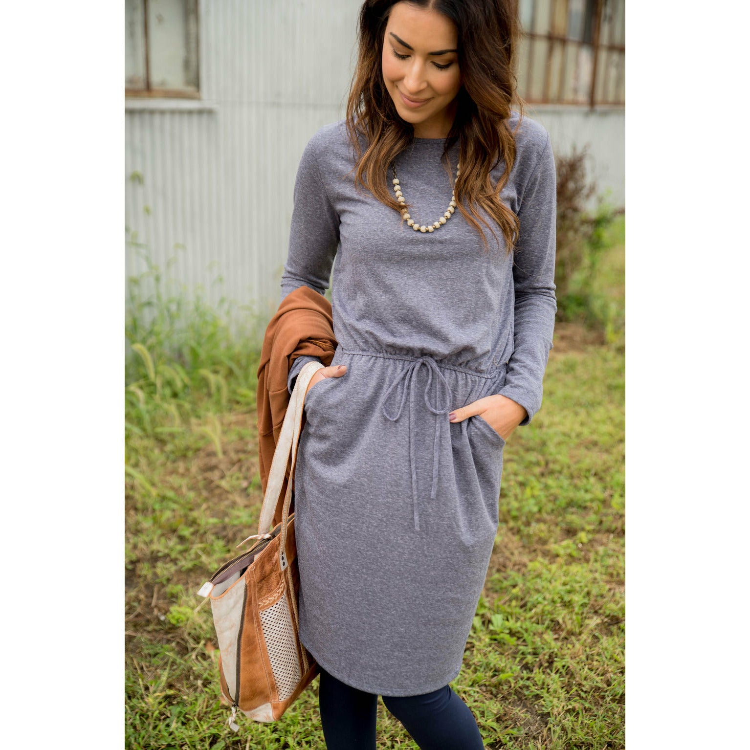 Pocket Drawstring Sweatshirt Dress Navy / XL