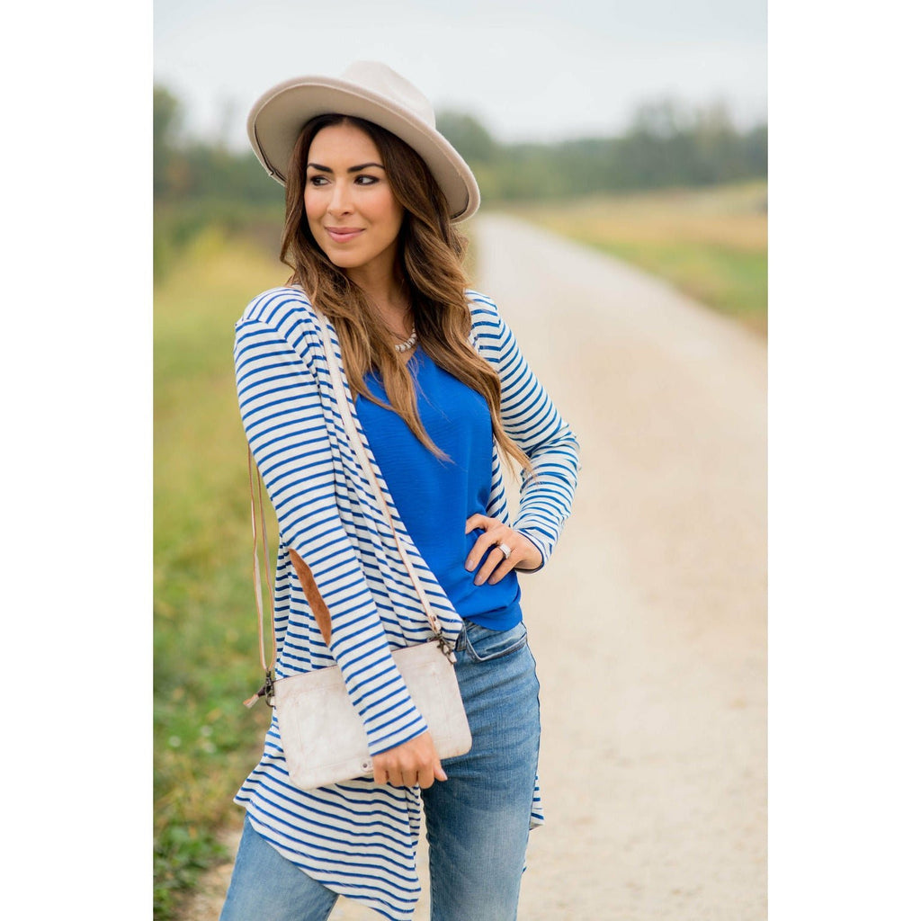 Striped Waterfall Elbow Patch Cardigan - Betsey's Boutique Shop