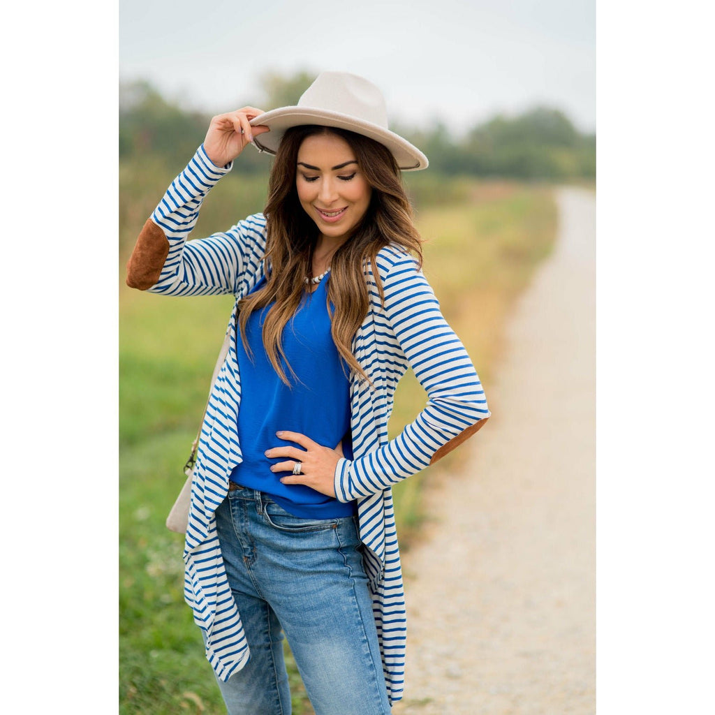 Striped Waterfall Elbow Patch Cardigan - Betsey's Boutique Shop