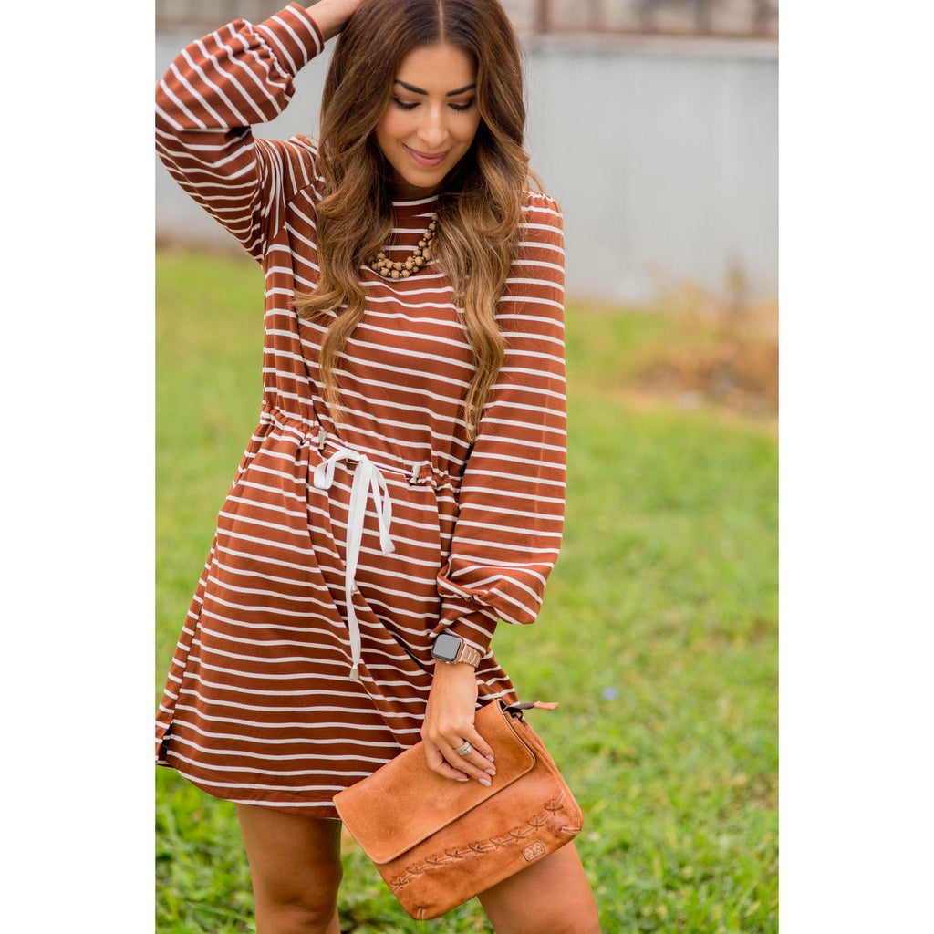 Stripe Tie Waist Pocket Sweatshirt Dress - Betsey's Boutique Shop - Dresses