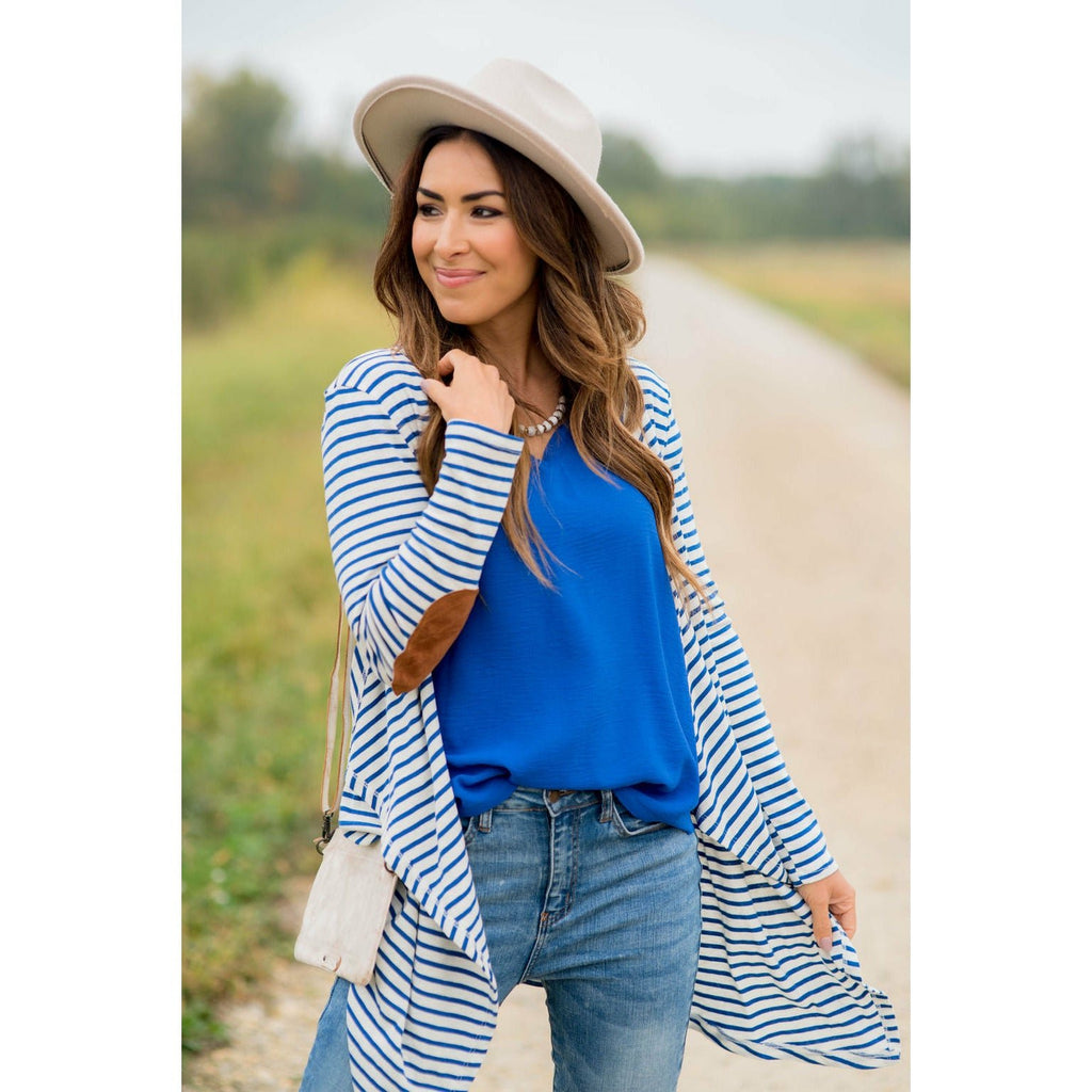 Striped Waterfall Elbow Patch Cardigan - Betsey's Boutique Shop