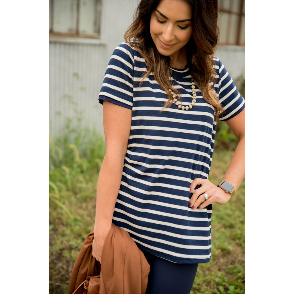 Lined Striped Short Sleeve Tee - Betsey's Boutique Shop