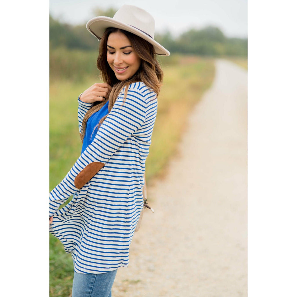 Striped Waterfall Elbow Patch Cardigan - Betsey's Boutique Shop