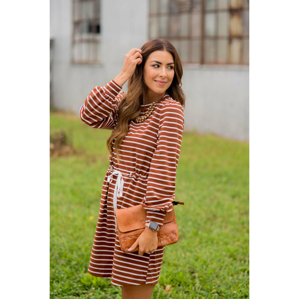 Stripe Tie Waist Pocket Sweatshirt Dress - Betsey's Boutique Shop - Dresses