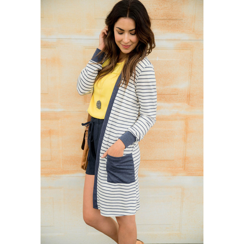 Solid Accent Striped Tunic Cardigan - Betsey's Boutique Shop