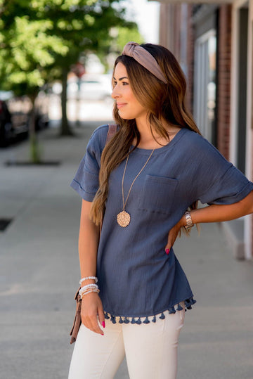 Gauze Tassel Trim Pocket Tee - Betsey's Boutique Shop