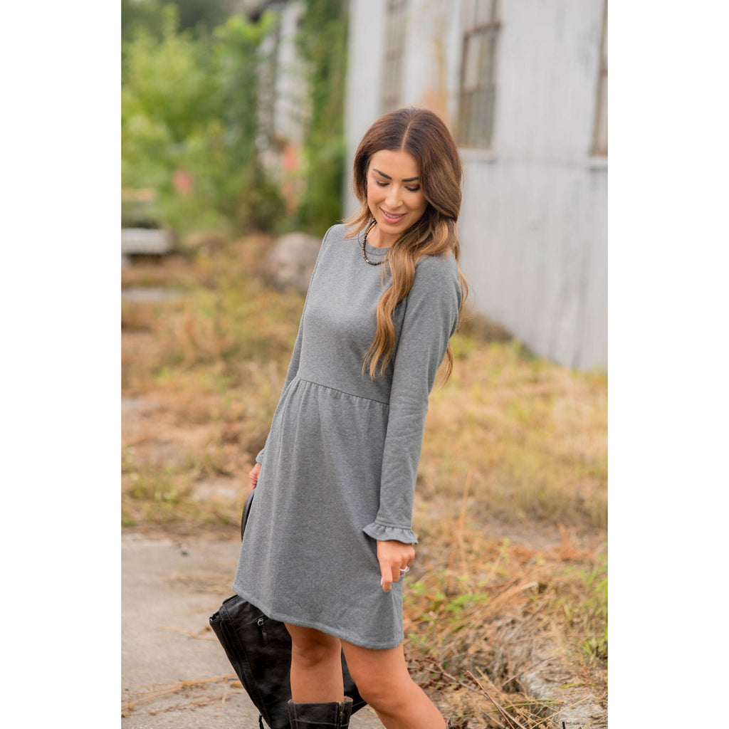 Cinched Ruffle Sleeve Sweatshirt Dress - Betsey's Boutique Shop