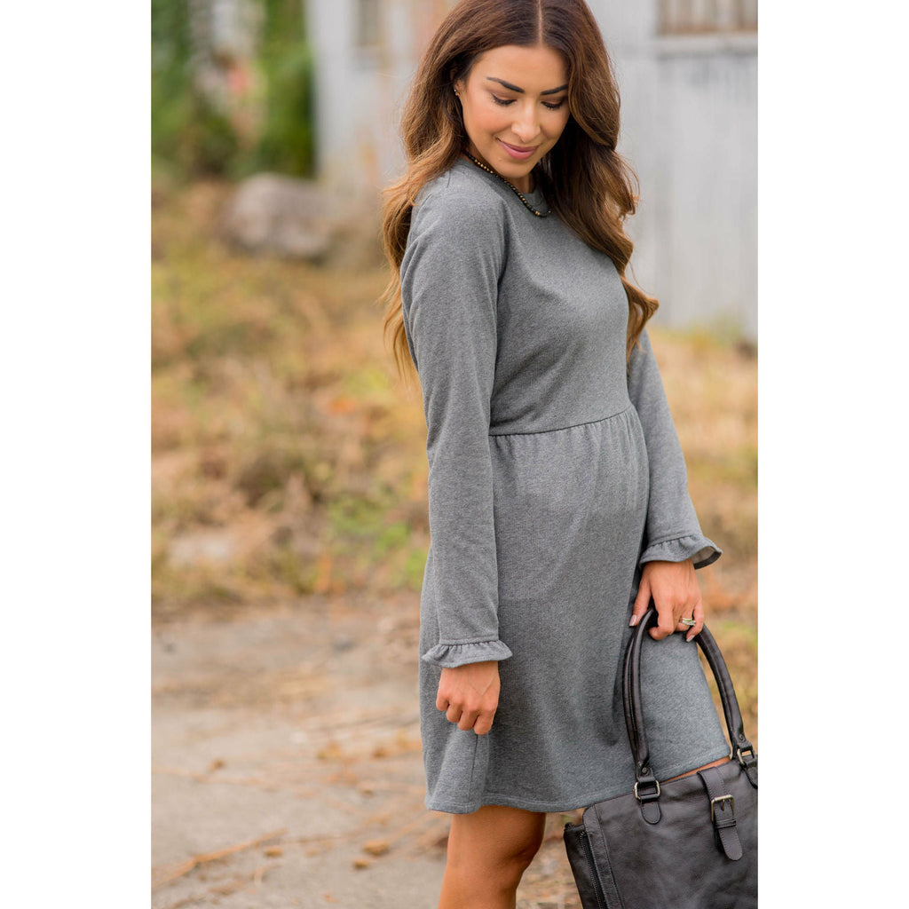 Cinched Ruffle Sleeve Sweatshirt Dress - Betsey's Boutique Shop