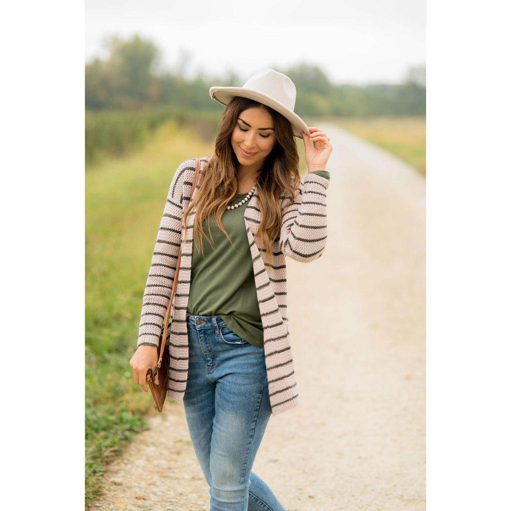 Thin Olive Striped Knit Tunic Cardigan - Betsey's Boutique Shop