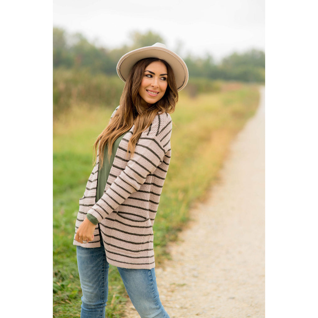 Thin Olive Striped Knit Tunic Cardigan - Betsey's Boutique Shop