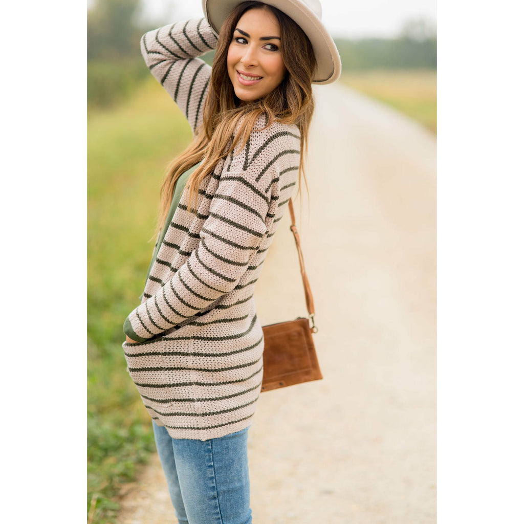 Thin Olive Striped Knit Tunic Cardigan - Betsey's Boutique Shop