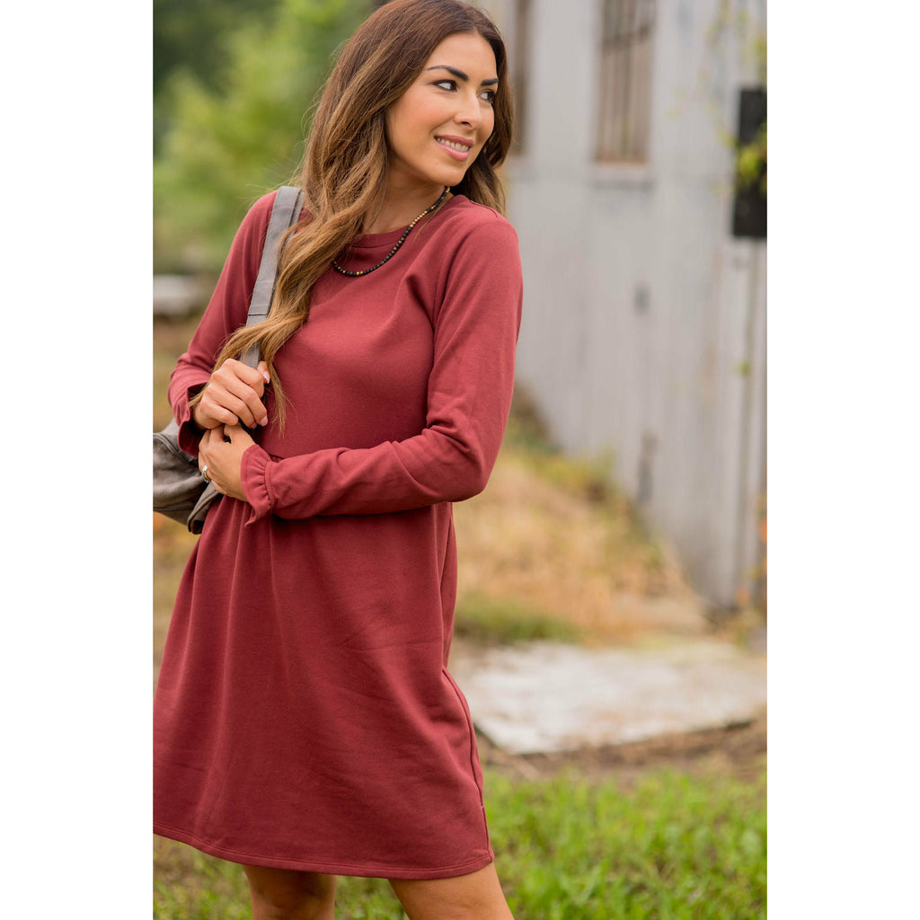 Cinched Ruffle Sleeve Sweatshirt Dress - Betsey's Boutique Shop