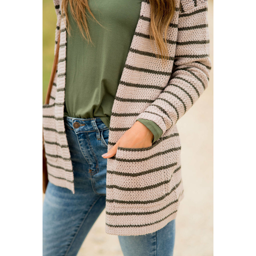 Thin Olive Striped Knit Tunic Cardigan - Betsey's Boutique Shop