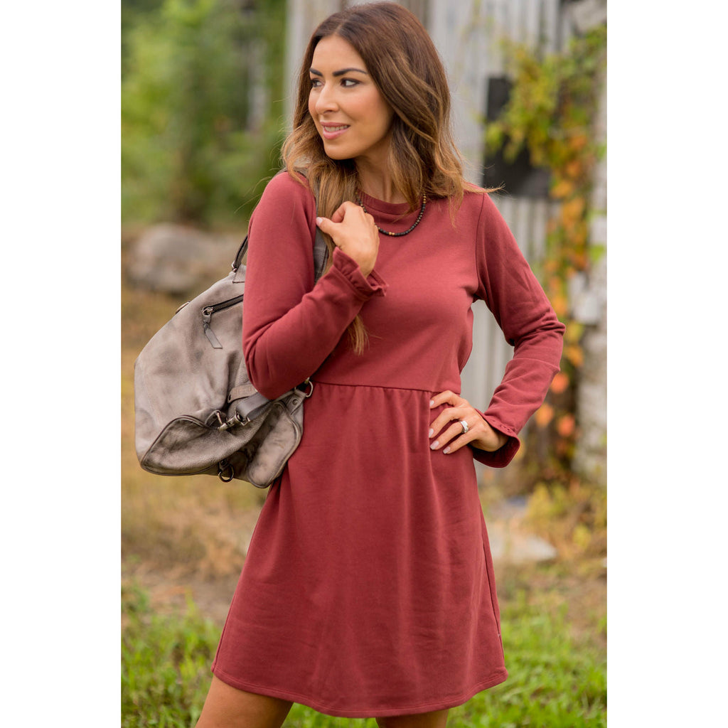 Cinched Ruffle Sleeve Sweatshirt Dress - Betsey's Boutique Shop