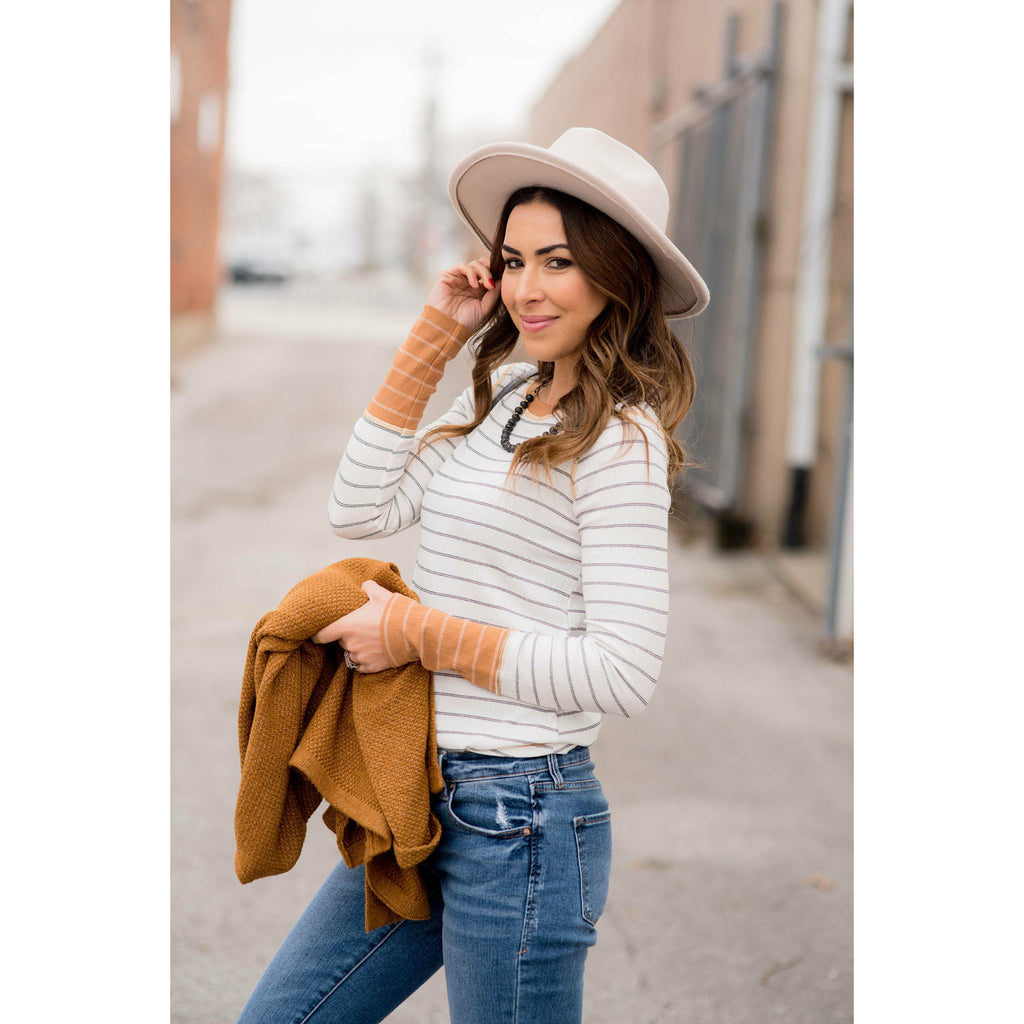 Stylish Striped Thermal Cuffed Tee - Betsey's Boutique Shop