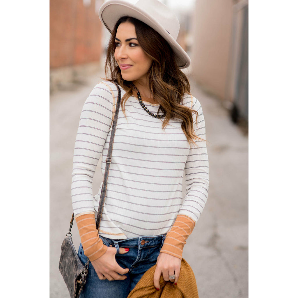 Stylish Striped Thermal Cuffed Tee - Betsey's Boutique Shop