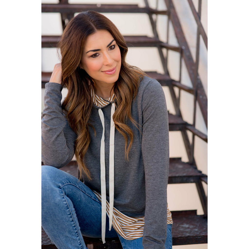 Faux Layered Stripe Lined Hoodie - Betsey's Boutique Shop