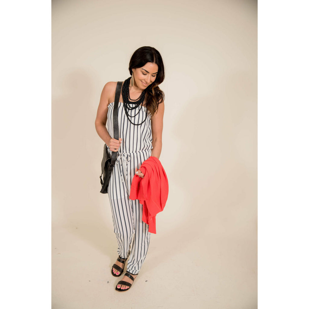 Strapless Vertical Striped Jumpsuit - Betsey's Boutique Shop