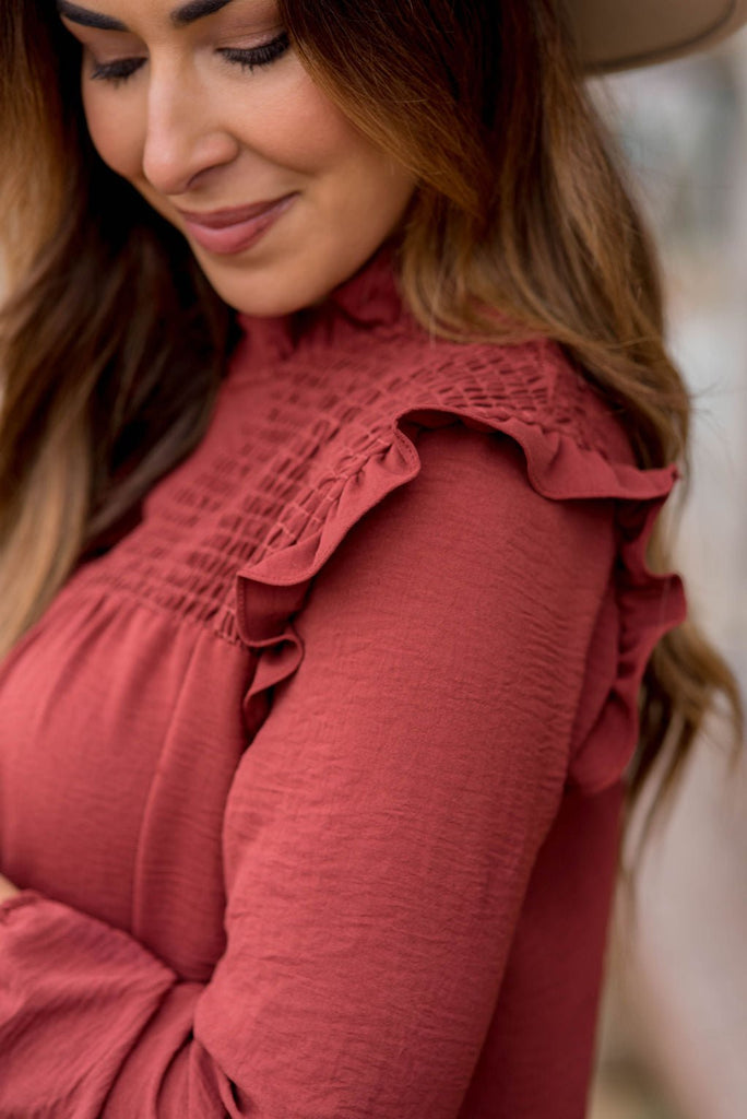 Ruched Ruffle Shoulder Blouse - Betsey's Boutique Shop -