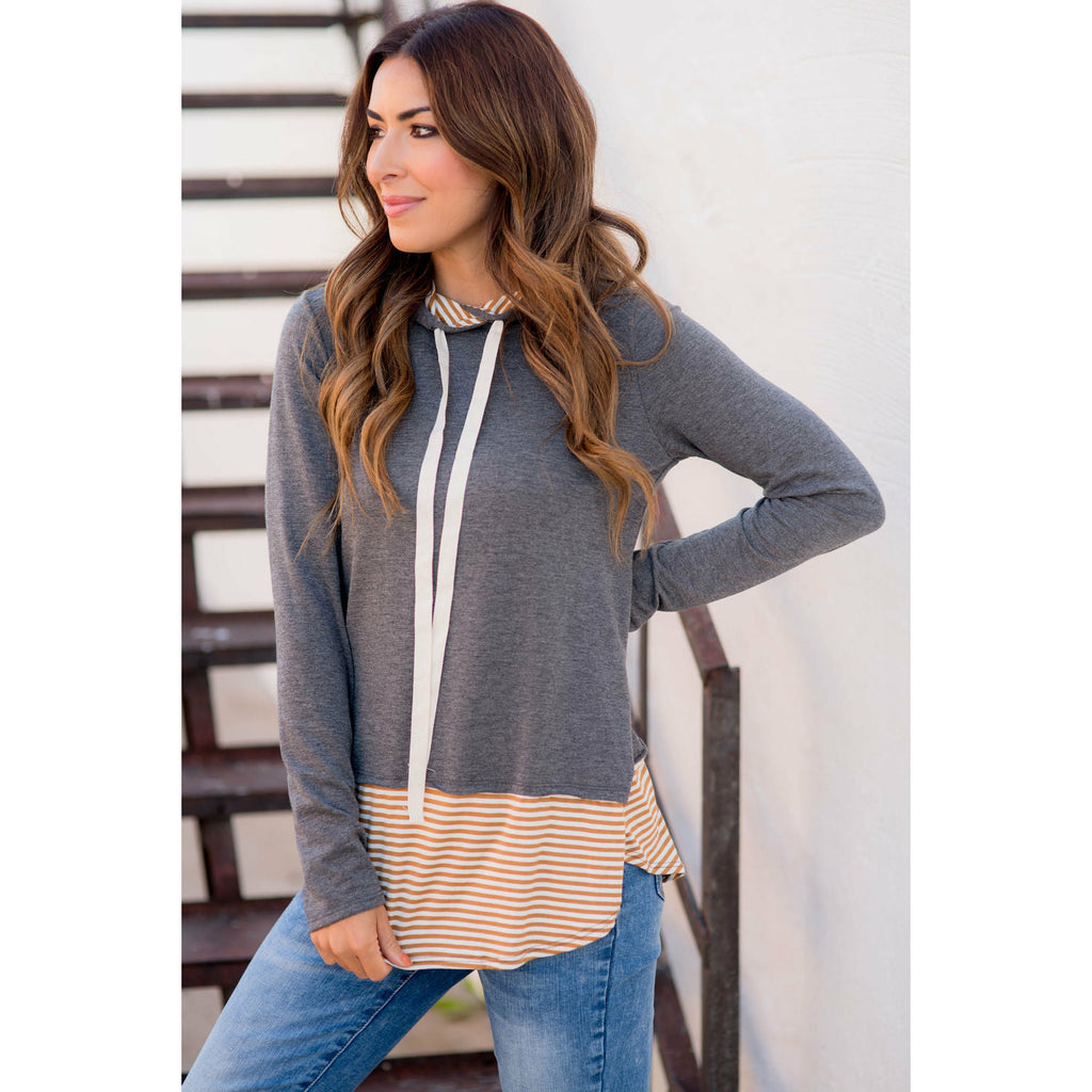 Faux Layered Stripe Lined Hoodie - Betsey's Boutique Shop - Shirts & Tops