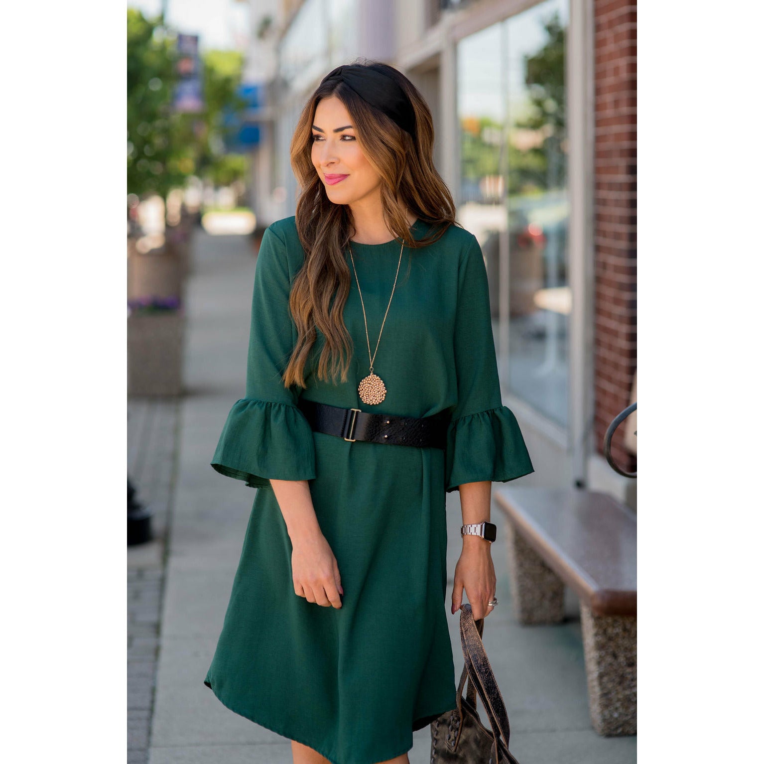 Peplum Sleeve Dress Hunter Green / S