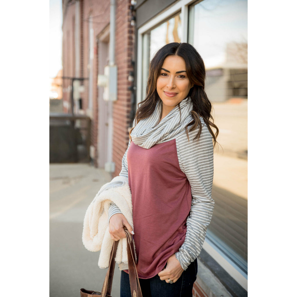 Mauve Body Striped Sleeve Cowl Neck - Betsey's Boutique Shop