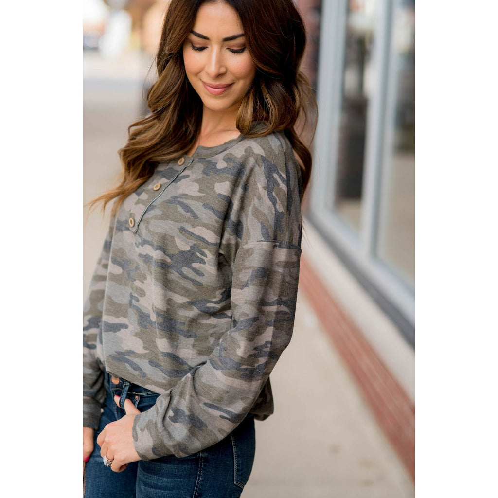 Camo Triple Button Top Long Sleeve Tee - Betsey's Boutique Shop