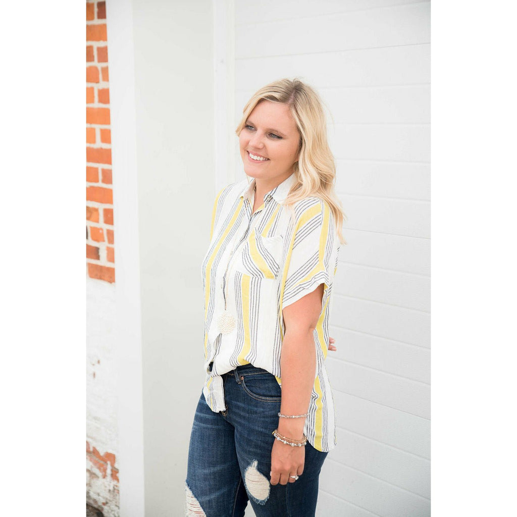 Hint of Yellow Striped Button Blouse - Betsey's Boutique Shop