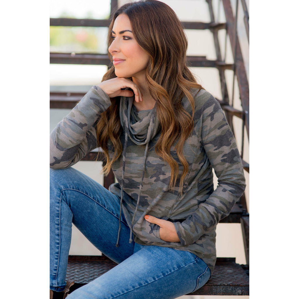 Camo Cowl Neck Pocket Sweatshirt - Betsey's Boutique Shop - Shirts & Tops