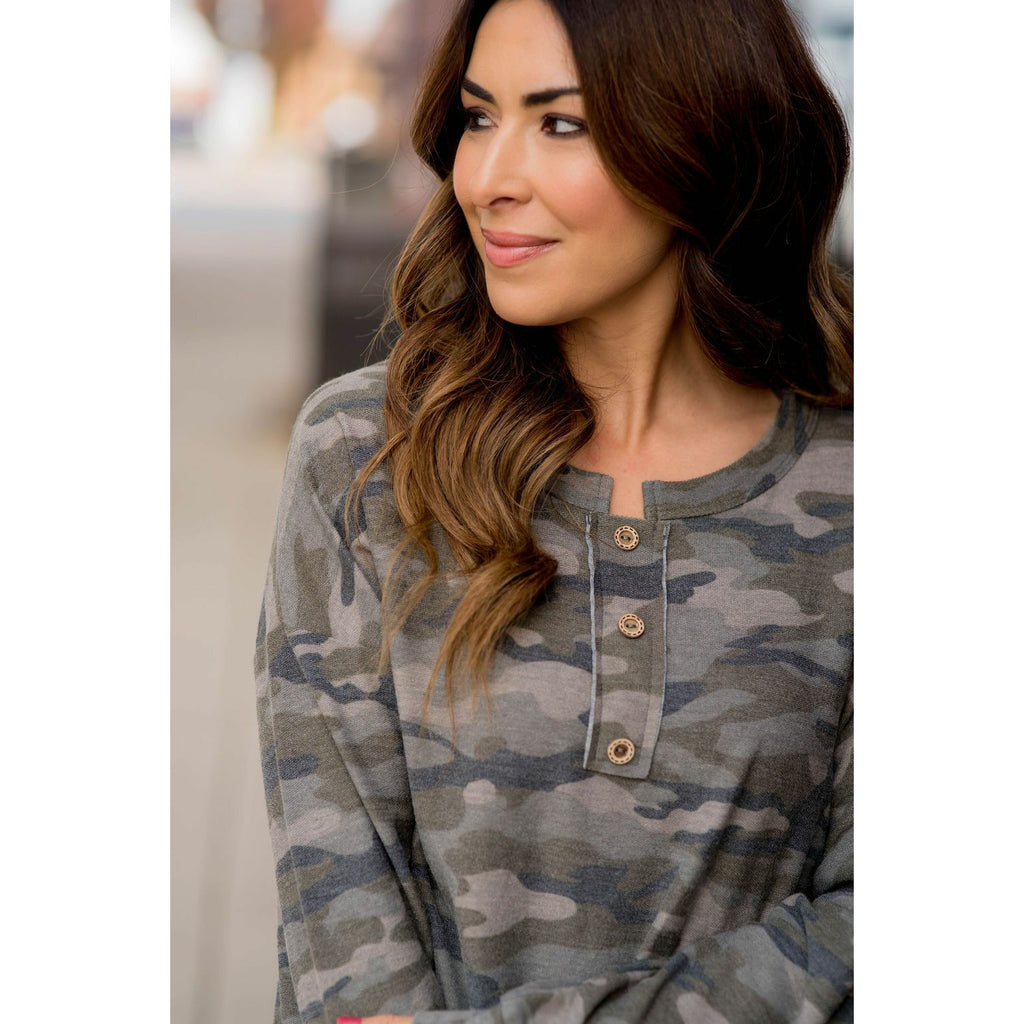 Camo Triple Button Top Long Sleeve Tee - Betsey's Boutique Shop