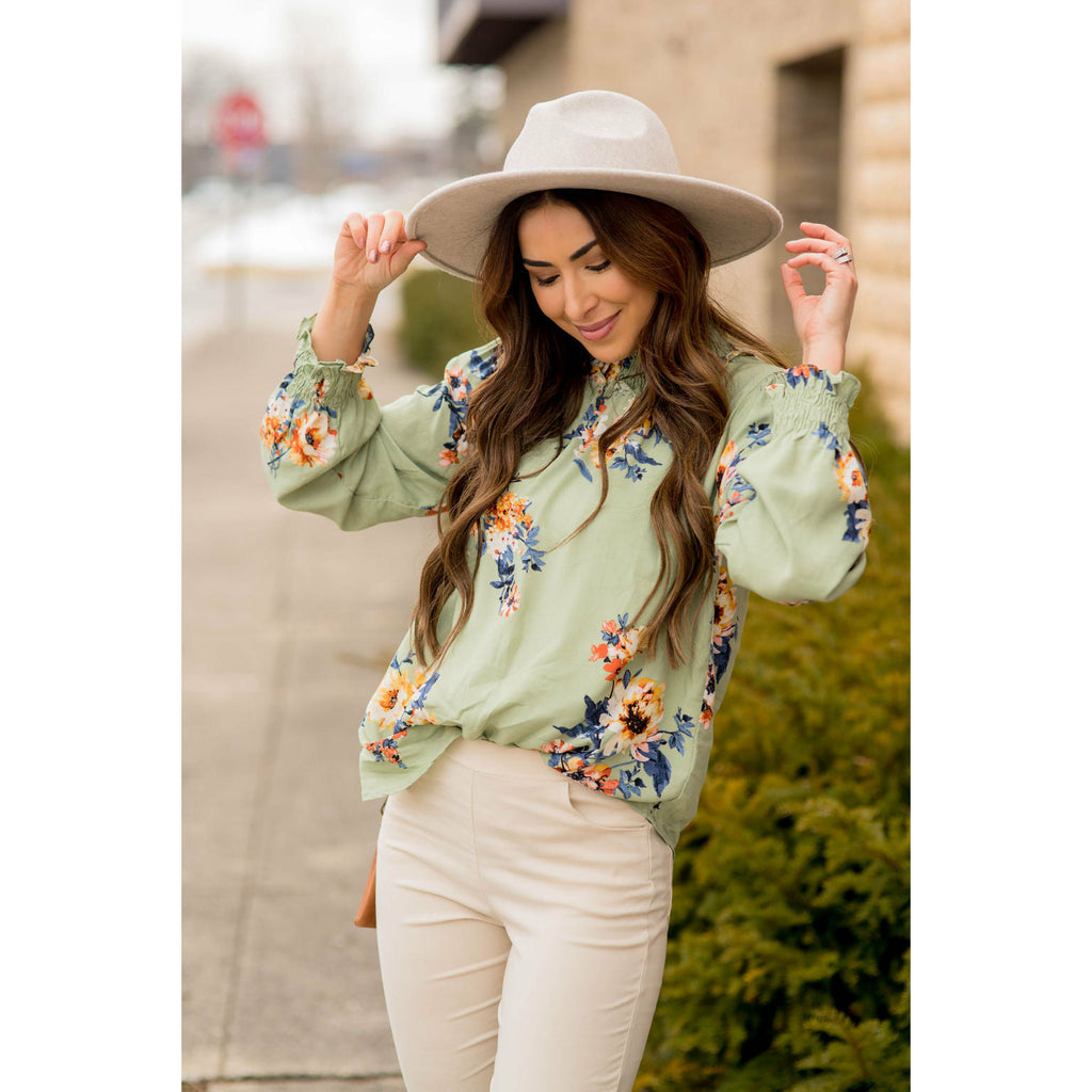 Smocked Neck Floral Long Sleeve Blouse - Betsey's Boutique Shop