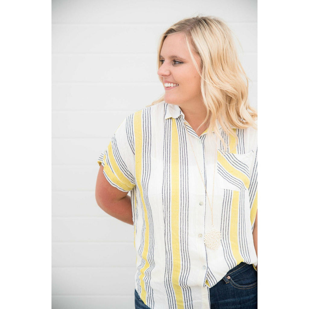 Hint of Yellow Striped Button Blouse - Betsey's Boutique Shop