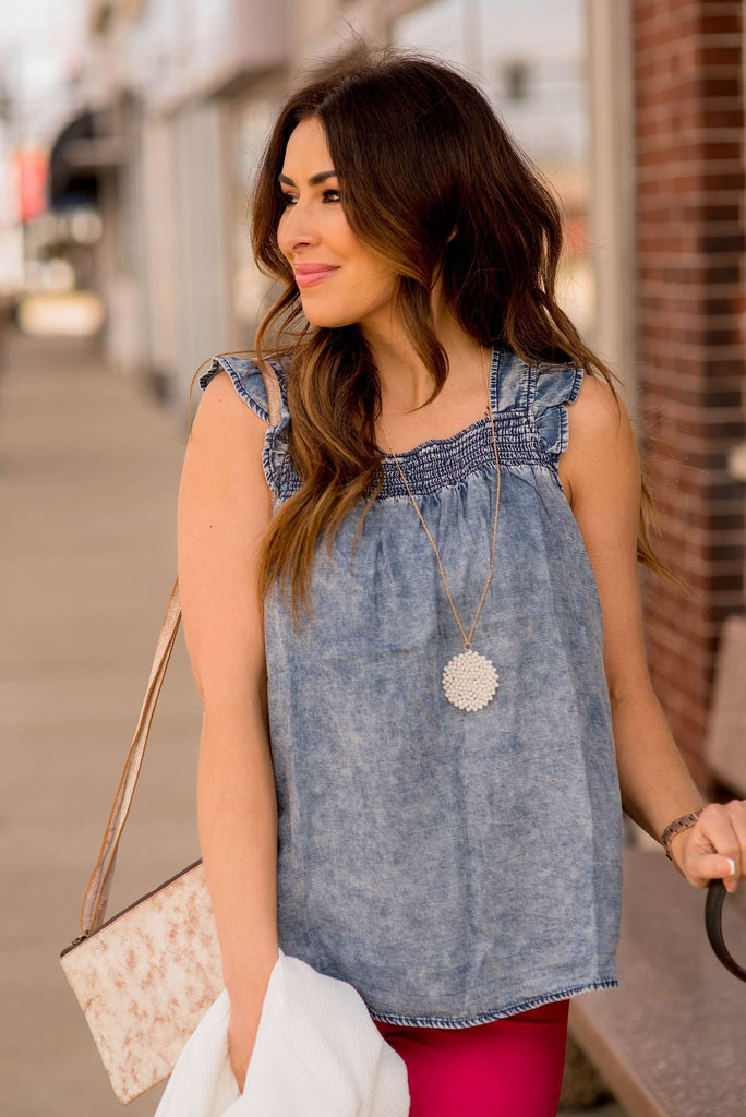 Cinched Ruffle Trim Denim Tank - Betsey's Boutique Shop -